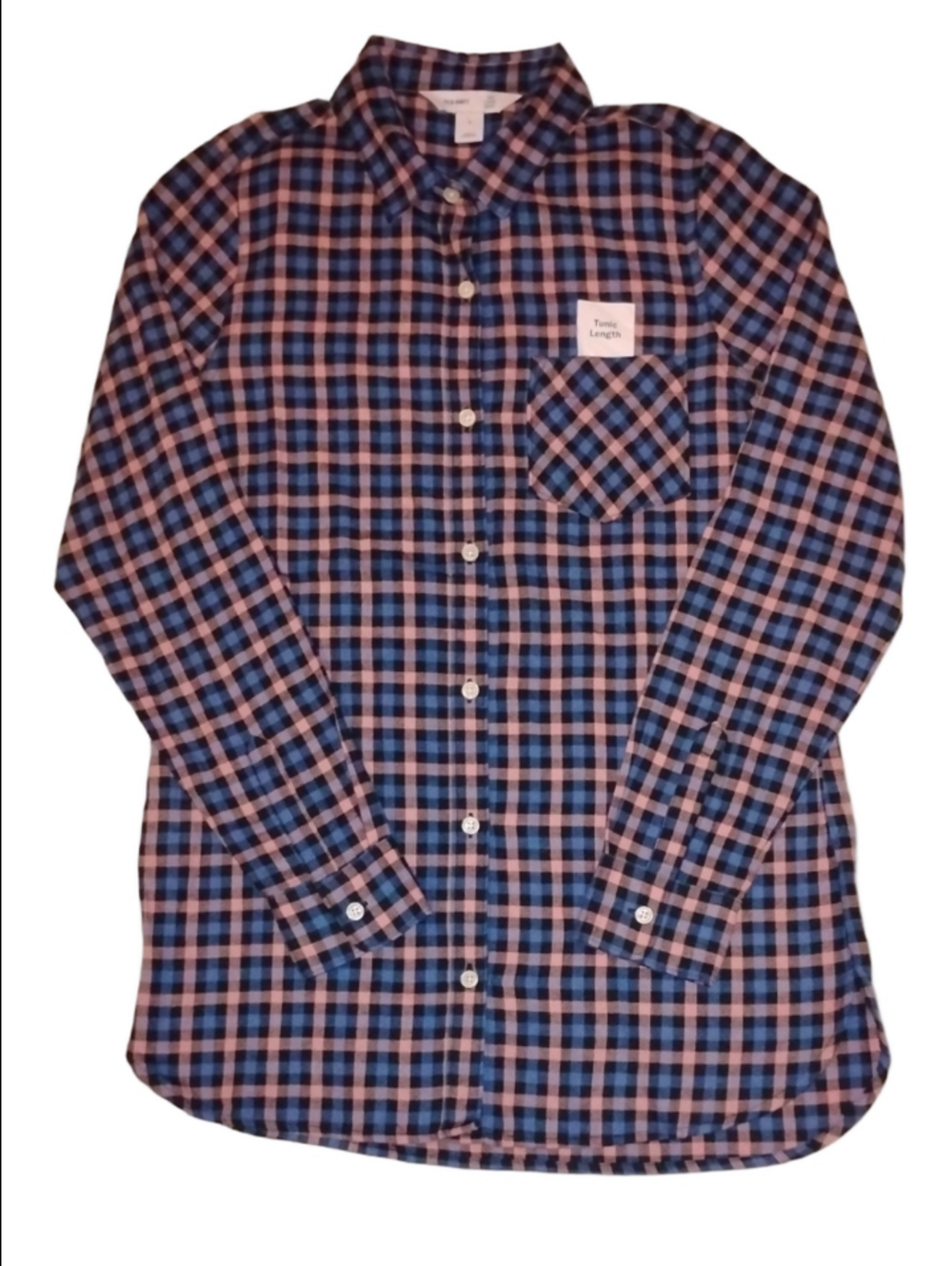 Old Navy Blue and Pink Plaid Tunic Length Button-Down Shirt